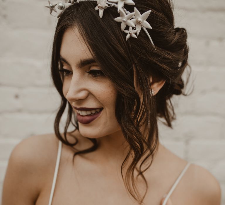 Beautiful Bride in Spaghetti Strap Dress &amp; Star Headdress | Romantic Pink and Gold Wedding Inspiration in a Modern Summer House at Garthmyl Hall by KnockKnockPenny Studio | Nesta Lloyd Photography