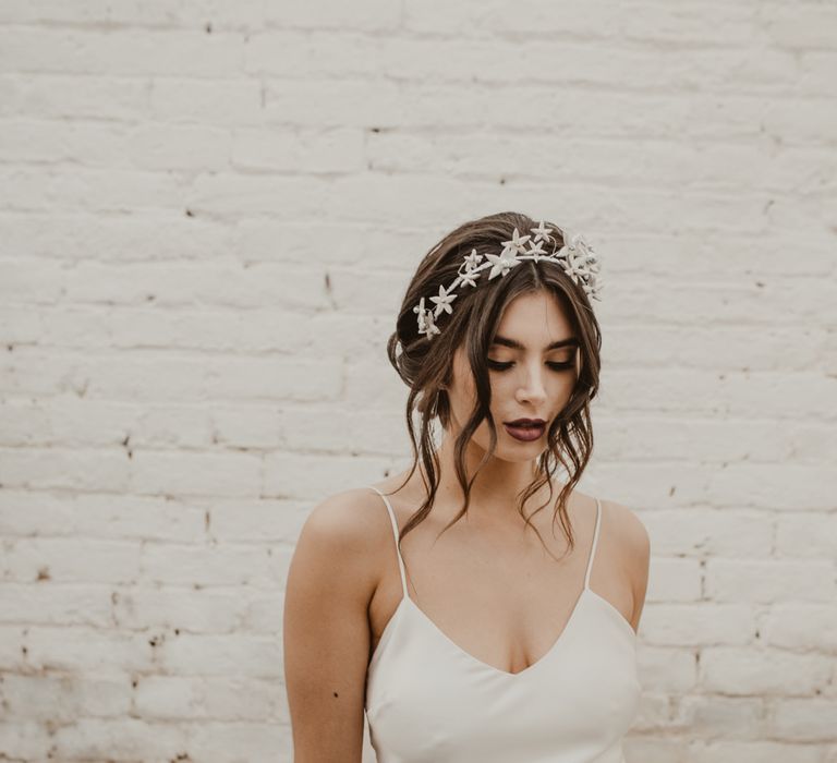 Beautiful Bride in Spaghetti Strap Dress &amp; Star Headdress |  Romantic Pink and Gold Wedding Inspiration in a Modern Summer House at Garthmyl Hall by KnockKnockPenny Studio | Nesta Lloyd Photography