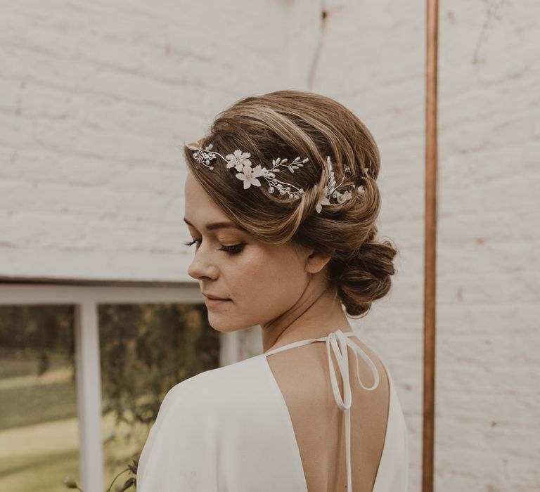 Beautiful Bride in Wrap Wedding Dress &amp; Vine Headpiece | Romantic Pink and Gold Wedding Inspiration in a Modern Summer House at Garthmyl Hall by KnockKnockPenny Studio | Nesta Lloyd Photography