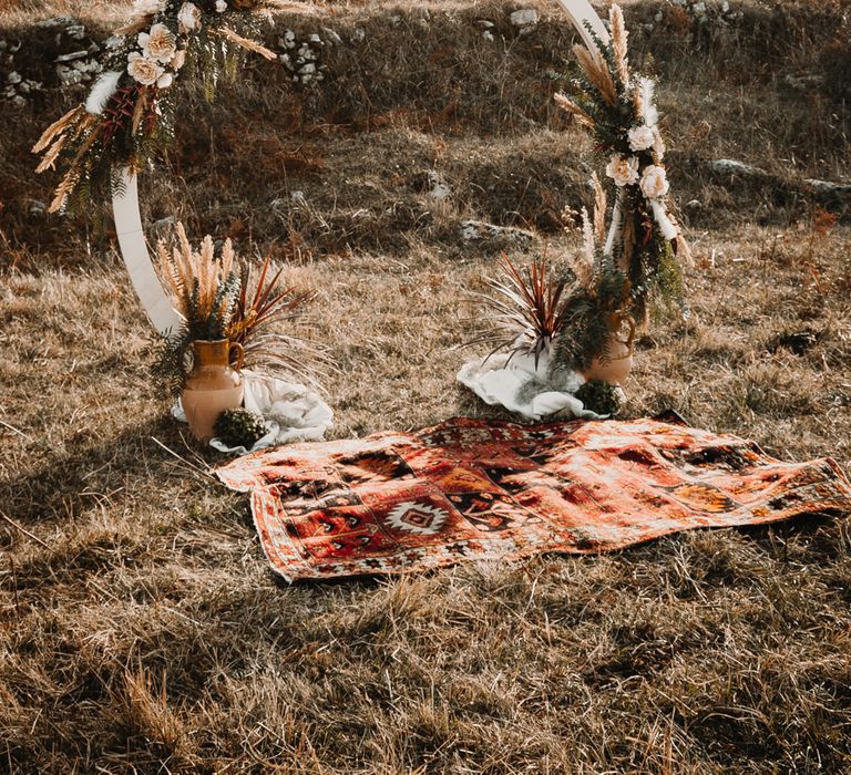 Moon Gate &amp; Persian Rug Decor | A Wild Bohemian Bride in the Majella National Park, Abruzzo, Italy | Planned &amp; Styled by Antonia Luzi | Federico Lanuto Photography