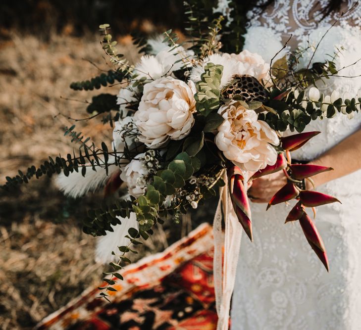 Oversized Peach &amp; Foliage Bridal Bouquet | Boho Bride in Napolitano Trotta Maison Embellished Wedding Dress | A Wild Bohemian Bride in the Majella National Park, Abruzzo, Italy | Planned &amp; Styled by Antonia Luzi | Federico Lanuto Photography