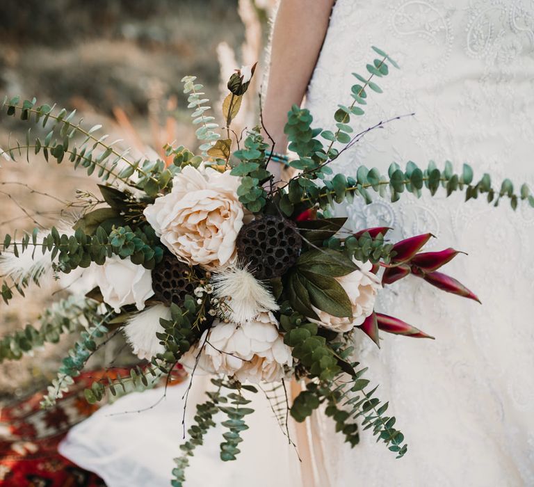 Oversized Bouquet | Boho Bride in Napolitano Trotta Maison Embellished Wedding Dress | A Wild Bohemian Bride in the Majella National Park, Abruzzo, Italy | Planned &amp; Styled by Antonia Luzi | Federico Lanuto Photography