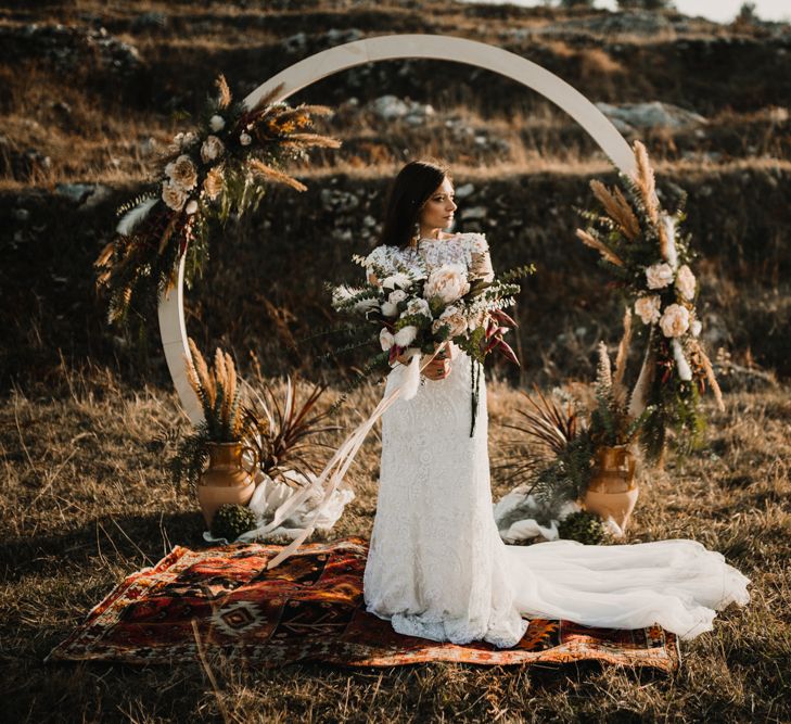 Boho Bride in Napolitano Trotta Maison Embellished Wedding Dress | Moon Gate &amp; Persian Rug | A Wild Bohemian Bride in the Majella National Park, Abruzzo, Italy | Planned &amp; Styled by Antonia Luzi | Federico Lanuto Photography