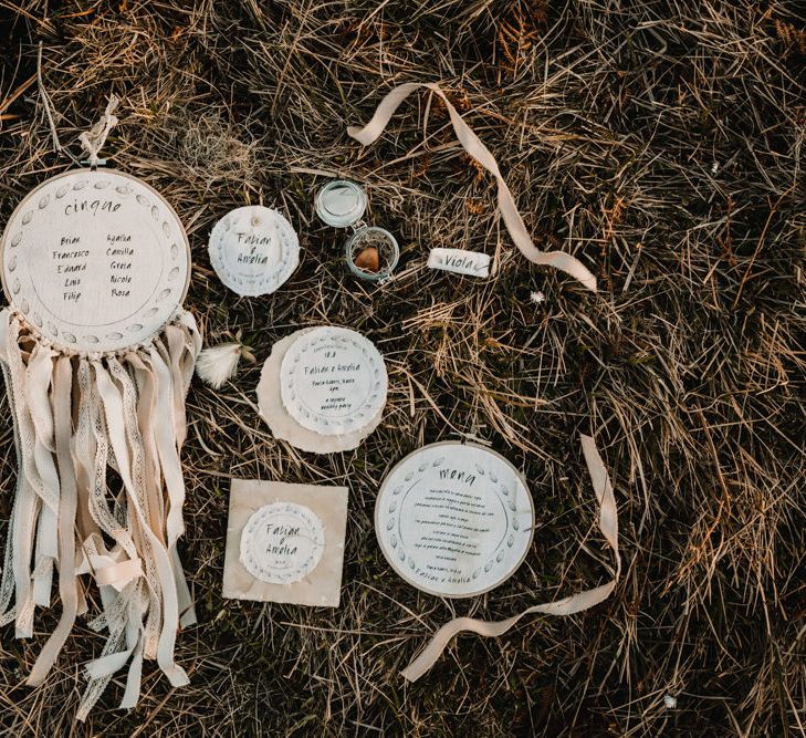 Hanging Hoop Dream Catcher Wedding Decor | Natural Linen Wedding Stationery |  A Wild Bohemian Bride in the Majella National Park, Abruzzo, Italy | Planned &amp; Styled by Antonia Luzi | Federico Lanuto Photography