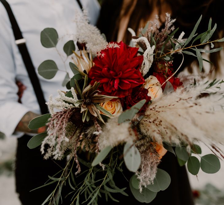 Two Brides | Bride in Portez Vos Idées Black Wedding Dress | Pampas Grass, Eucalyptus &amp; Red Rose Wedding Bouquet | Wild Same Sex Couple Wedding Inspiration Shoot | Anne Letournel Photography