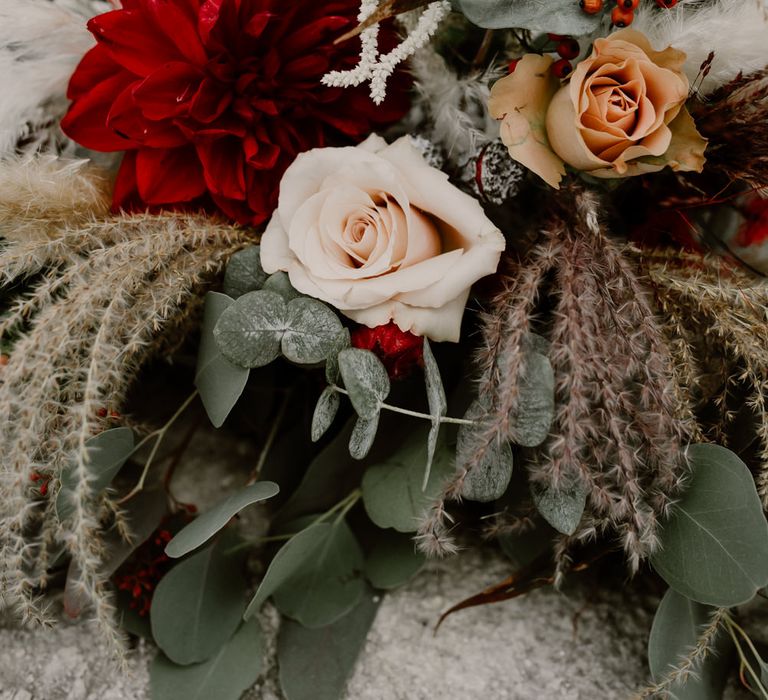 Pampas Grass, Eucalyptus &amp; Red Rose Floral Arrangement | Wild Same Sex Couple Wedding Inspiration Shoot | Anne Letournel Photography