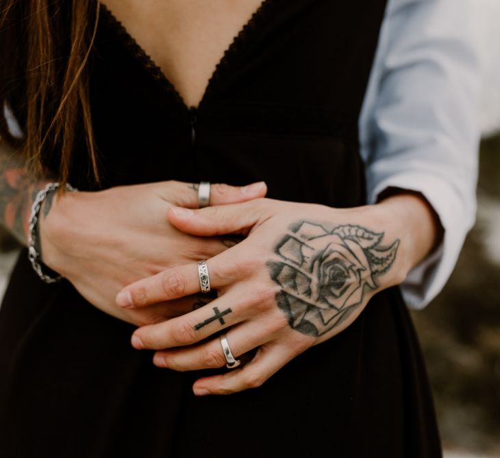 Bride in Portez Vos Idées Black Wedding Dress | Bride in Black Trousers, White Shirt &amp; Braces | Wild Same Sex Couple Wedding Inspiration Shoot | Anne Letournel Photography