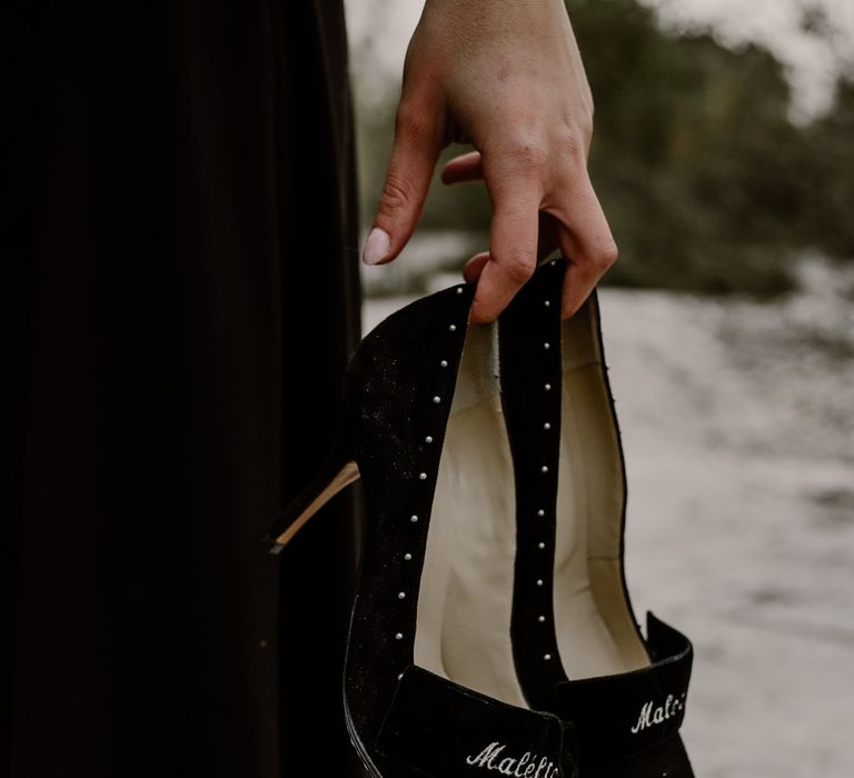 Black Malefic Wedding Shoes |  Bride in Portez Vos Idées Black Wedding Dress | Wild Same Sex Couple Wedding Inspiration Shoot | Anne Letournel Photography