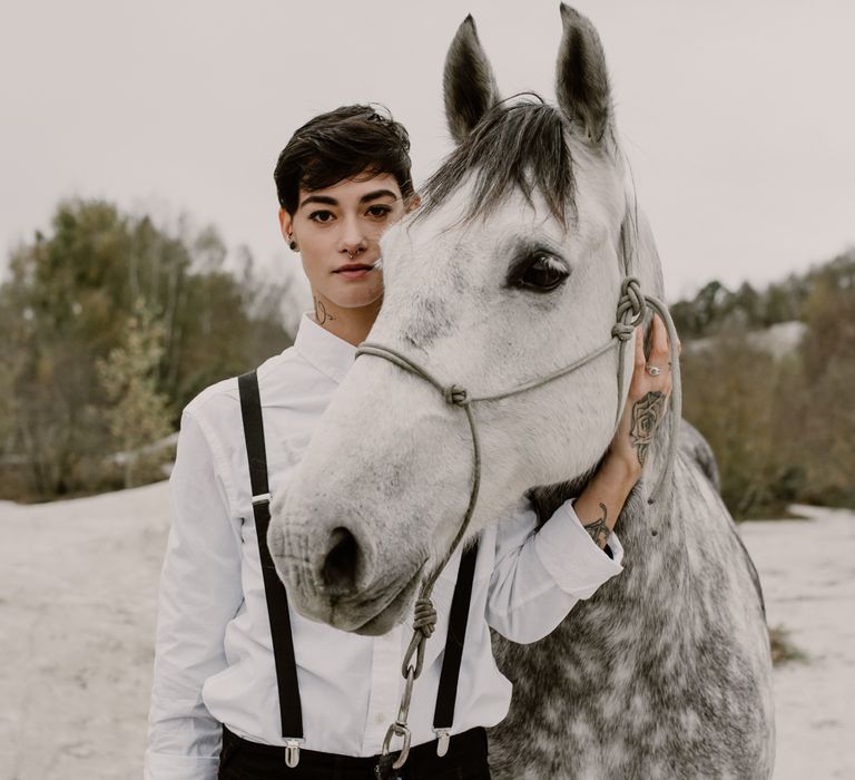 Horse | Bride in Black Trousers, White Shirt &amp; Braces | Wild Same Sex Couple Wedding Inspiration Shoot | Anne Letournel Photography