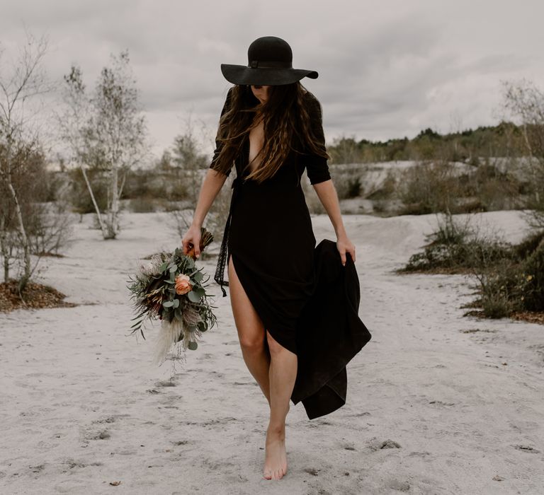 Bride in Portez Vos Idées Black Wedding Dress | Wild Same Sex Couple Wedding Inspiration Shoot | Anne Letournel Photography