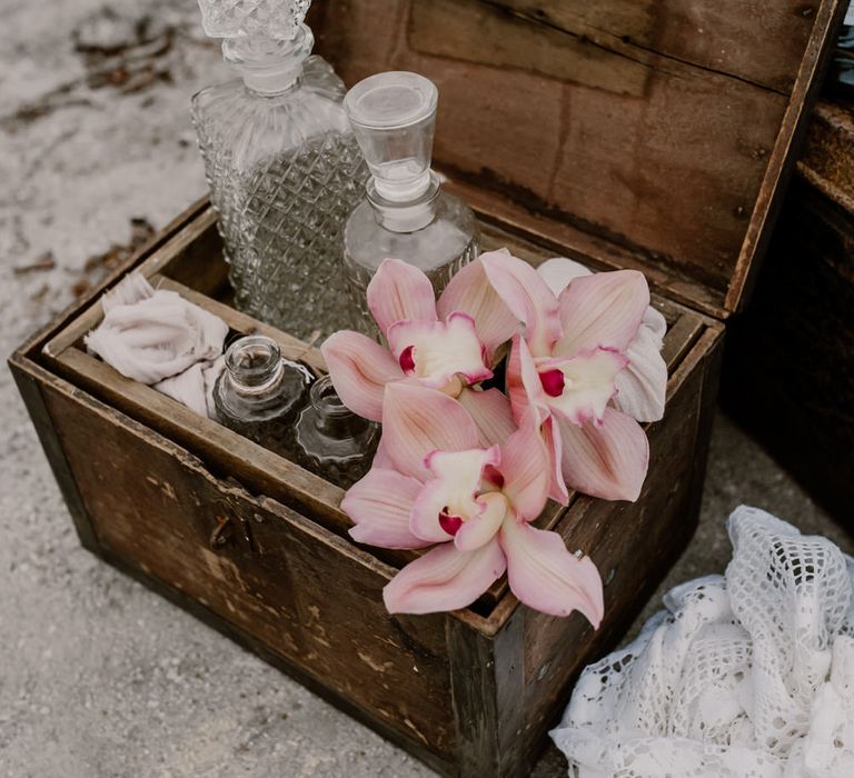 Wooden Box &amp; Glass Decanters Wedding Decor | Wild Same Sex Couple Wedding Inspiration Shoot | Anne Letournel Photography