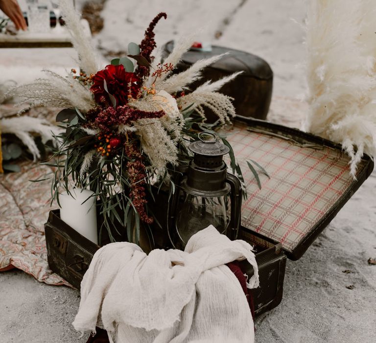 Vintage Suitcase, Linens &amp; Pampas Grass Floral Arrangement | Wild Same Sex Couple Wedding Inspiration Shoot | Anne Letournel Photography