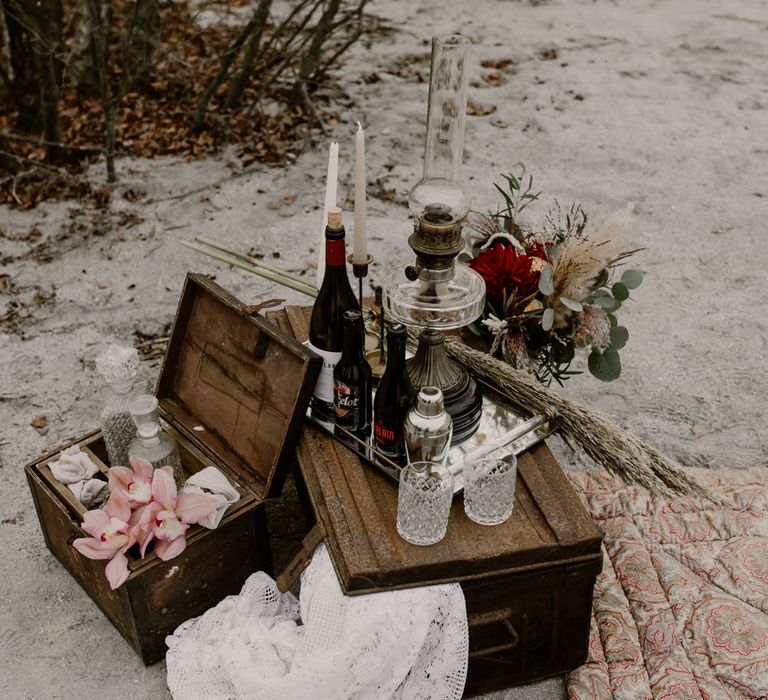 Vintage Crates, Drinks Display with Glass Decanters | Wild Same Sex Couple Wedding Inspiration Shoot | Anne Letournel Photography