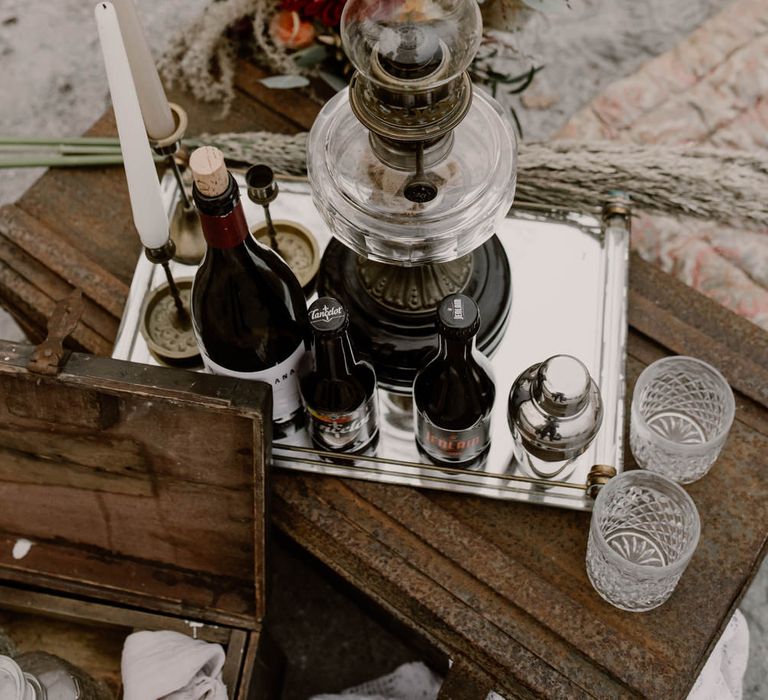 Drinks Tray &amp; Candlesticks Wedding Decor | Wild Same Sex Couple Wedding Inspiration Shoot | Anne Letournel Photography