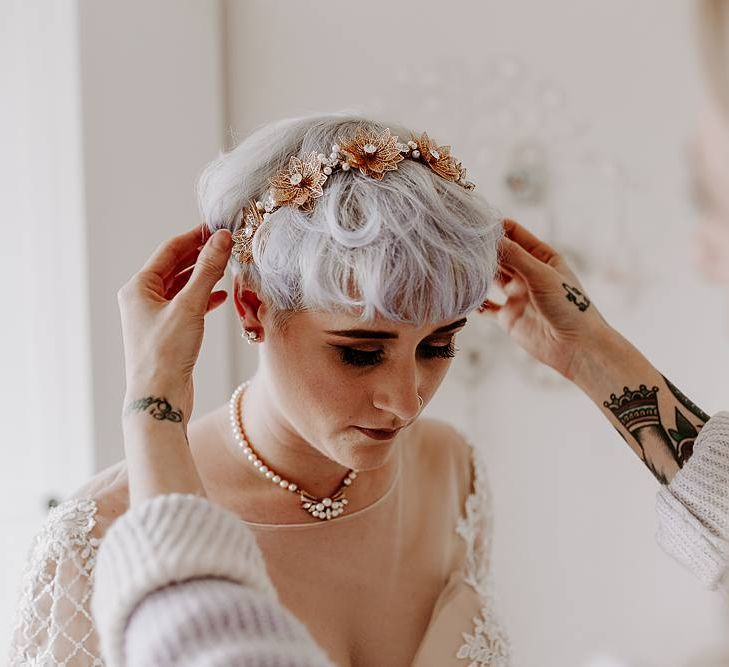 Bride with short hair in gold headdress