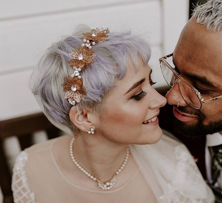 Bride with short hair wearing a gold headdress