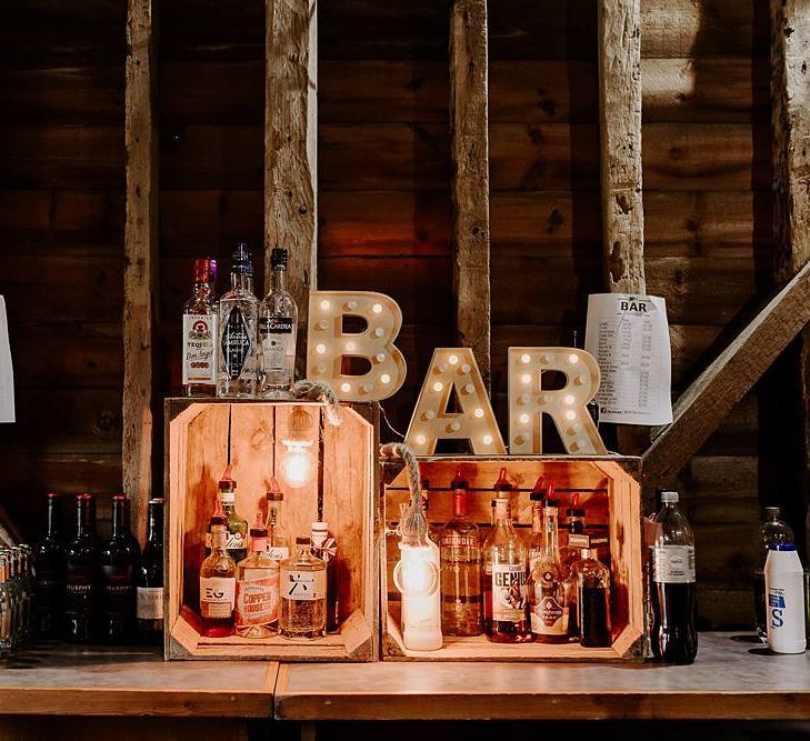 Bar with wooden crates and light up letters