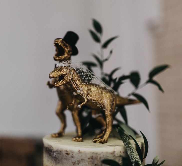 Cake Topper | Gold Bride and Groom Dinosaurs | Nottinghamshire Wedding with Spanish Vibes and Rewritten Bridesmaids Dresses | Kev Elkins Photography