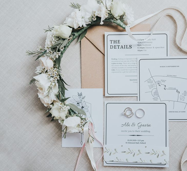 Oxford wedding stationary and flower crown details for intimate and relaxed celebration