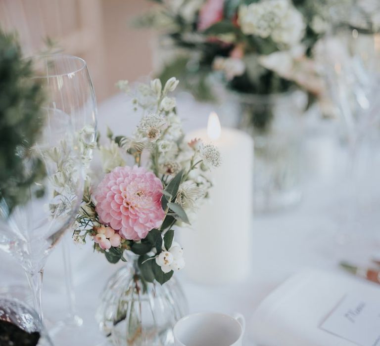 Bodleian library reception decor for intimate Oxford wedding with white floral decor and classic styling