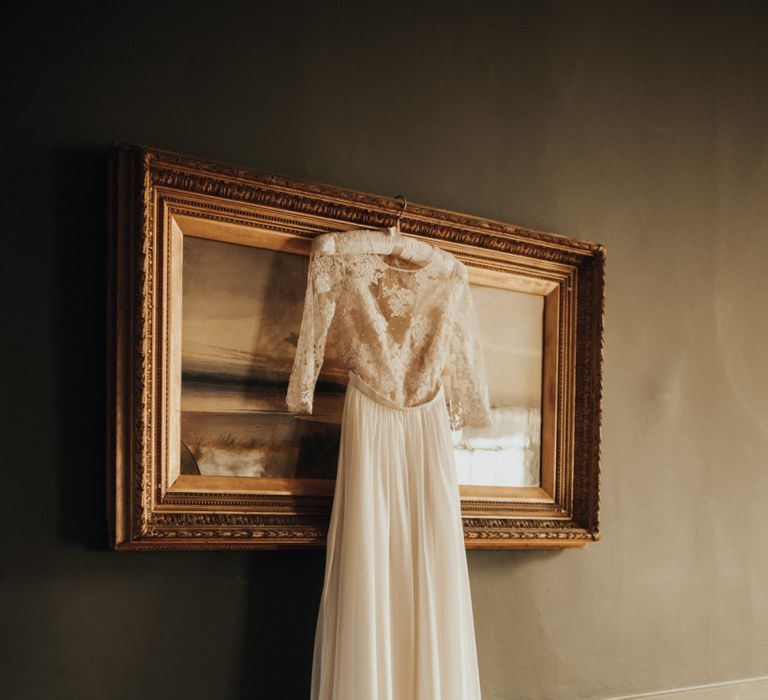 Lace wedding dress for rustic wedding with foliage table runner