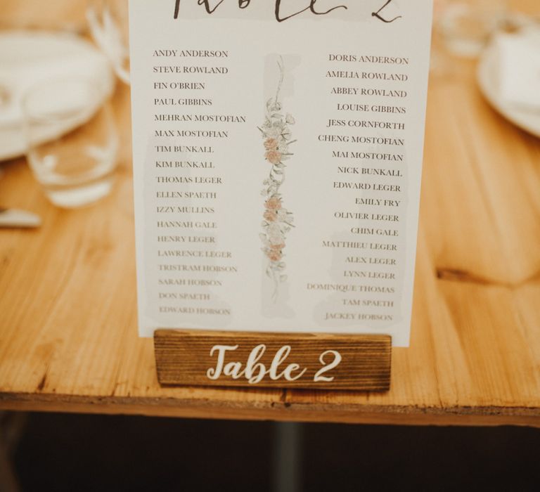 Seating plan at garden wedding with foliage table runner