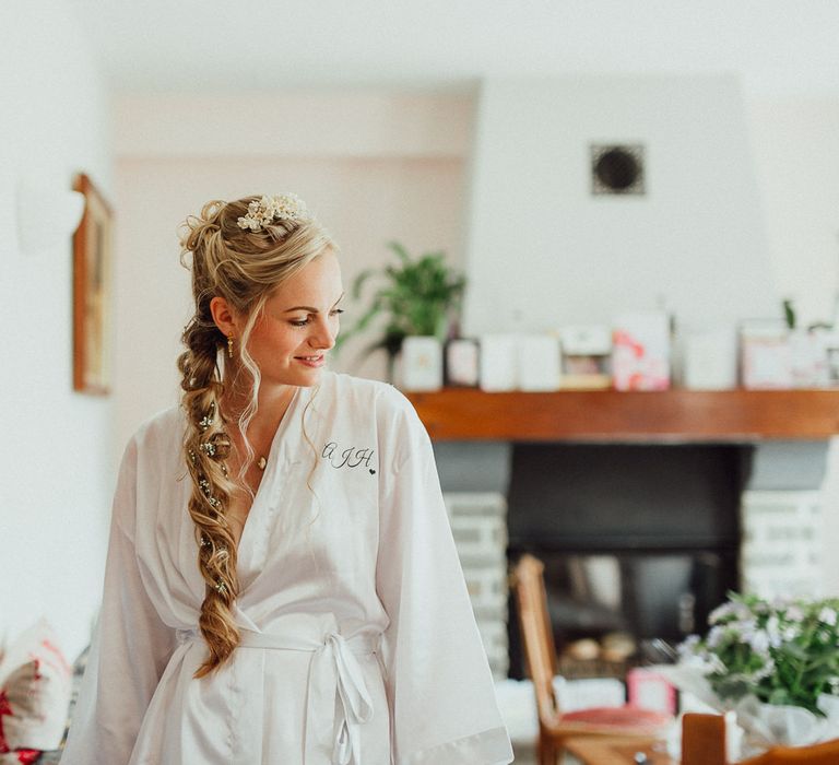 Bridal Morning Preparations | White Getting Ready Robe | Loose Fishtail Plait with Gypsophilia | Homemade Hair Comb | Rustic French Destination Wedding with Homegrown Flowers  | Emily &amp; Steve Photography