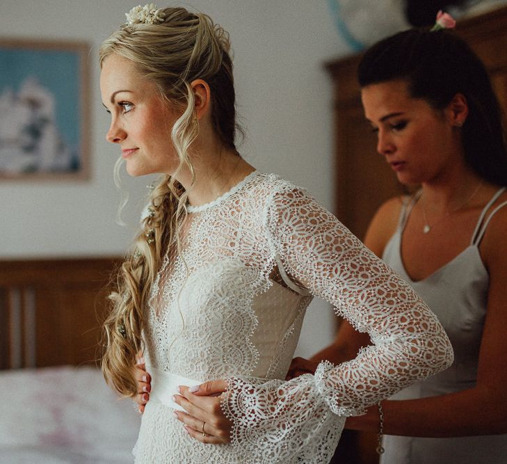 Bridal Morning Preparations | Bride in Laced Catherine Deane Wedding Dress with Long Sleeves | Loose Fishtail Plait with Gypsophilia | Homemade Hair Comb | Rustic French Destination Wedding with Homegrown Flowers  | Emily &amp; Steve Photography