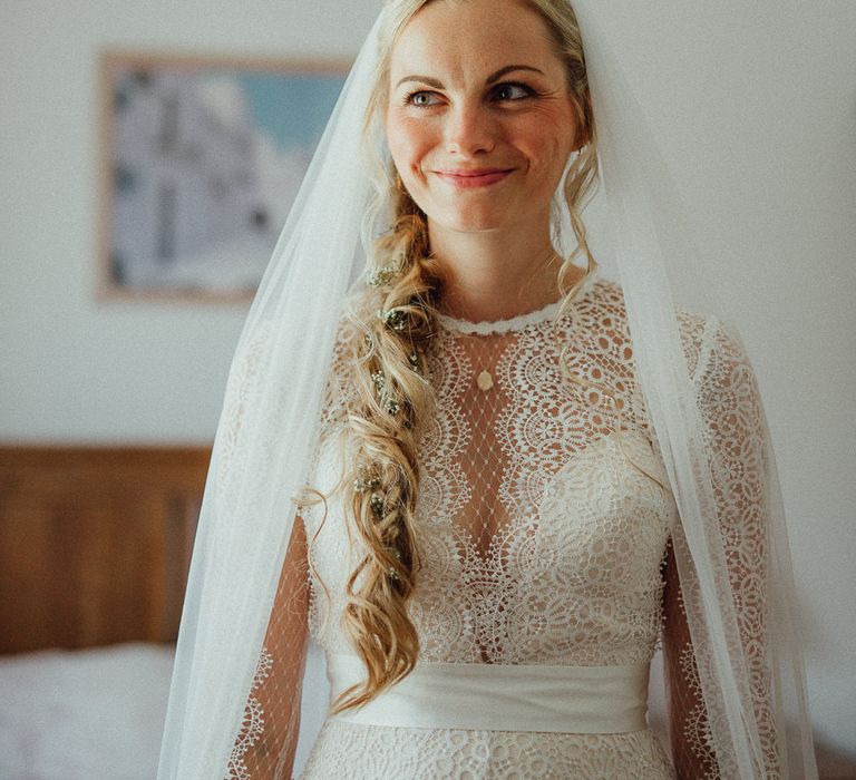 Bridal Morning Preparations | Bride in Laced Catherine Deane Wedding Dress with Long Sleeves | Loose Fishtail Plait with Gypsophilia | Homemade Hair Comb | Rustic French Destination Wedding with Homegrown Flowers  | Emily &amp; Steve Photography