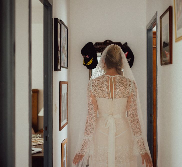 Bridal Morning Preparations | Bride in Laced Catherine Deane Wedding Dress with Long Sleeves | Rustic French Destination Wedding with Homegrown Flowers  | Emily &amp; Steve Photography