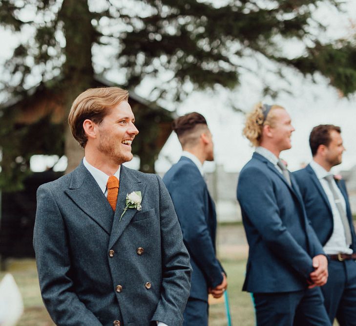 Groom in Blue Thomas Farthing Suit with Ochre Tie | Rustic French Destination Wedding with Homegrown Flowers  | Emily &amp; Steve Photography