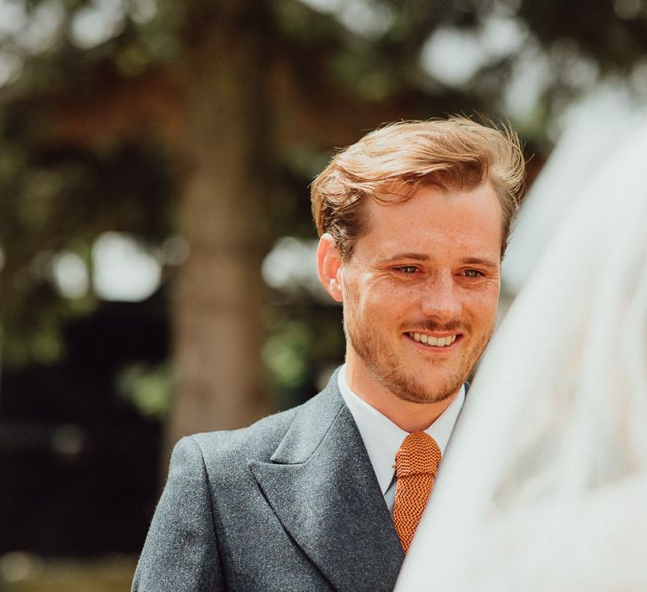 Wedding Ceremony | Groom in Blue Thomas Farthing Suit with Ochre Tie | Rustic French Destination Wedding with Homegrown Flowers  | Emily &amp; Steve Photography