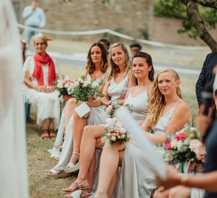 Wedding Ceremony | Bridesmaids in Grey Silk Fred Dresses | Rustic French Destination Wedding with Homegrown Flowers  | Emily &amp; Steve Photography