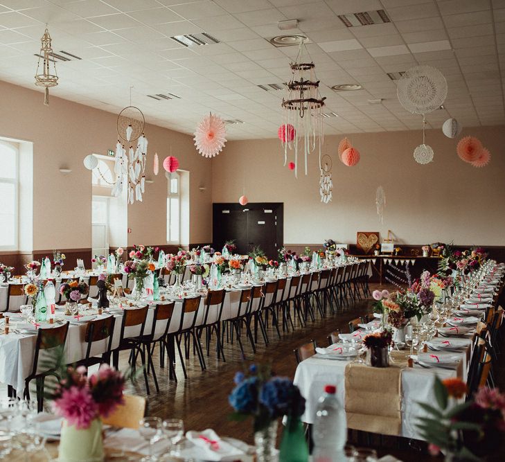 Wedding Reception Decor | Garden Flowers in Milk Churns | Paper Lanterns | Hessian Table Runners | Rustic French Destination Wedding with Homegrown Flowers  | Emily &amp; Steve Photography