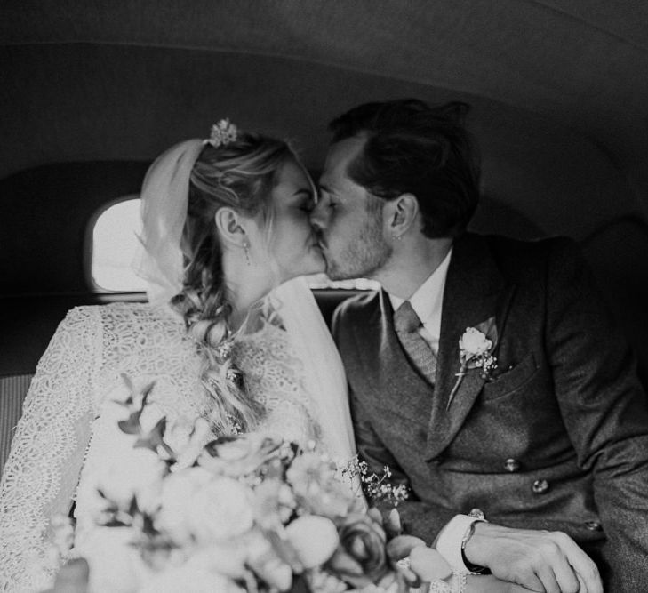 Vintage Citroen Wedding Car | Bride in Laced Catherine Deane Wedding Dress with Long Sleeves | Groom in Blue Thomas Farthing Suit with Ochre Tie | Rustic French Destination Wedding with Homegrown Flowers  | Emily &amp; Steve Photography