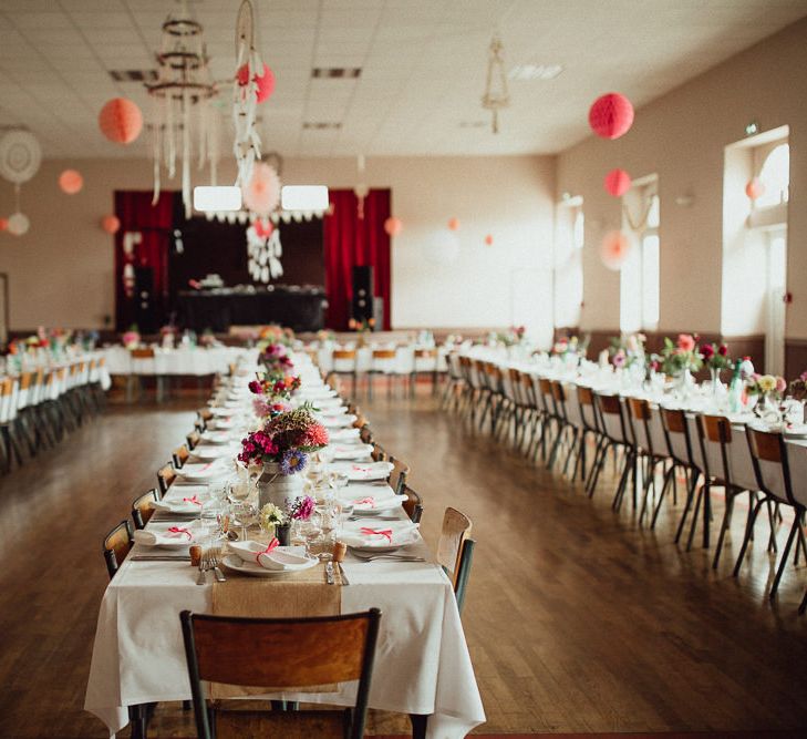 Wedding Reception Decor | Garden Flowers in Milk Churns | Paper Lanterns | Hessian Table Runners | Rustic French Destination Wedding with Homegrown Flowers  | Emily &amp; Steve Photography