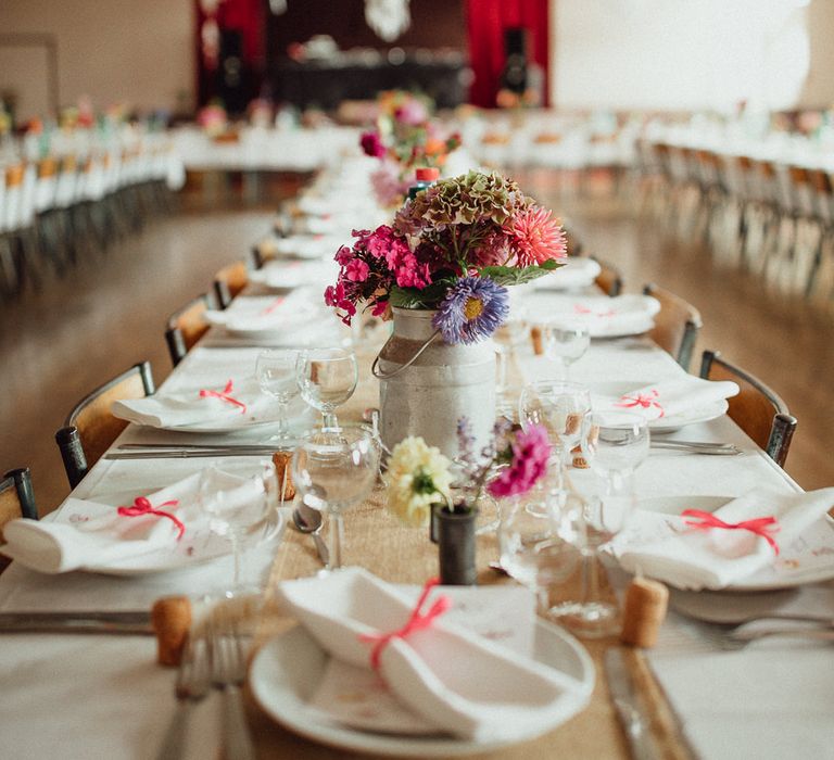 Wedding Reception Decor | Garden Flowers in Milk Churns | Paper Lanterns | Hessian Table Runners | Rustic French Destination Wedding with Homegrown Flowers  | Emily &amp; Steve Photography