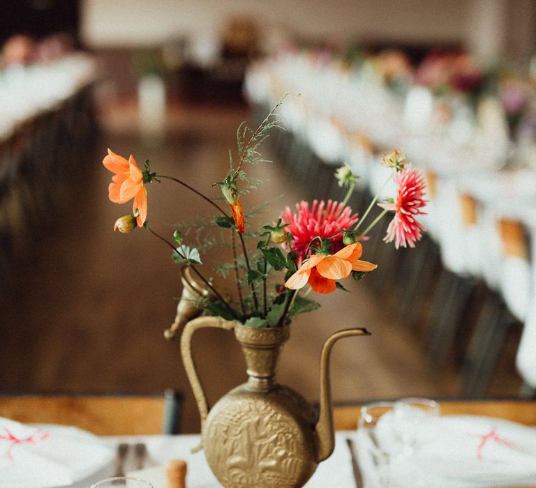 Wedding Reception Decor | Bright Flowers in Gold Vessel | Hessian Runner | Rustic French Destination Wedding with Homegrown Flowers  | Emily &amp; Steve Photography