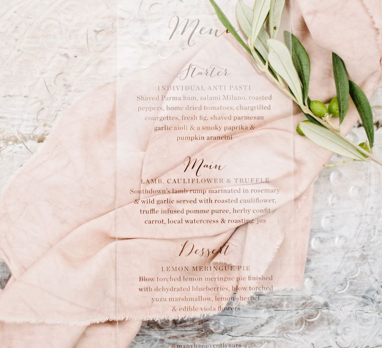 Acrylic Menu Card Wedding Stationery | Katrina Otter Weddings | Duchess &amp; Butler Tableware | Dominique Bader Photography