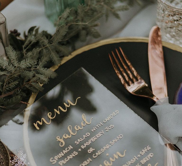 Acrylic Menu Card Wedding Stationery by Sugar Spice Designs | Woodland Bohemian Luxe Inspiration | Lola Rose Photography &amp; Film