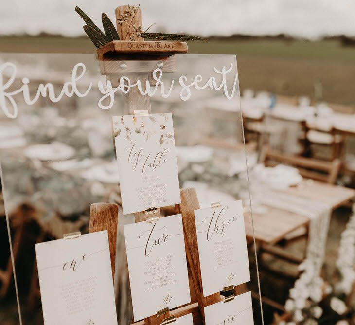 Acrylic Table Plan with Wonderland Invites Table Names | Boho at The Barns at Lodge Farm, Essex, by Rock The Day Styling | Kelsie Low Photography