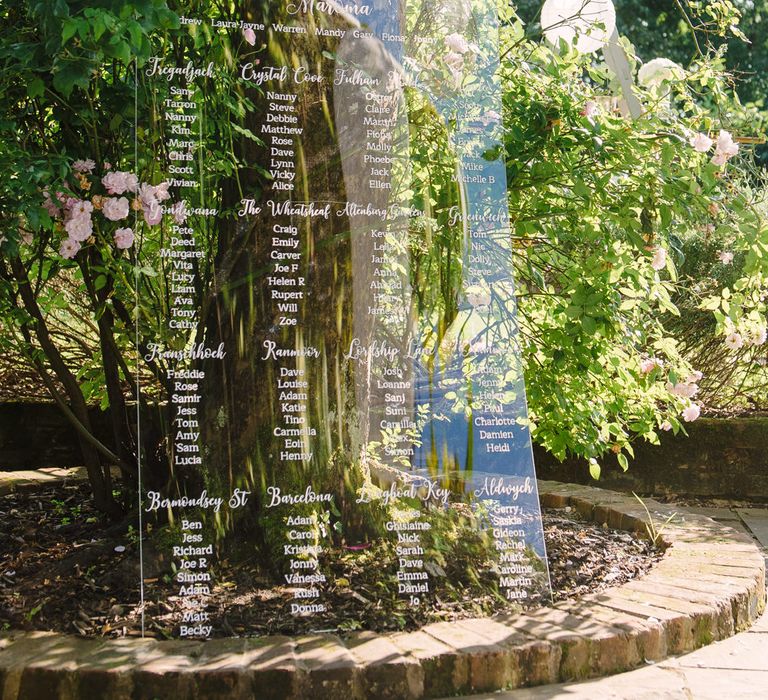 Large Standing Acrylic Table Plan | Classic Pink &amp; White Wedding at Northbrook Park, Surrey | Tell Your Story Photography | Yours Truly Wedding Films