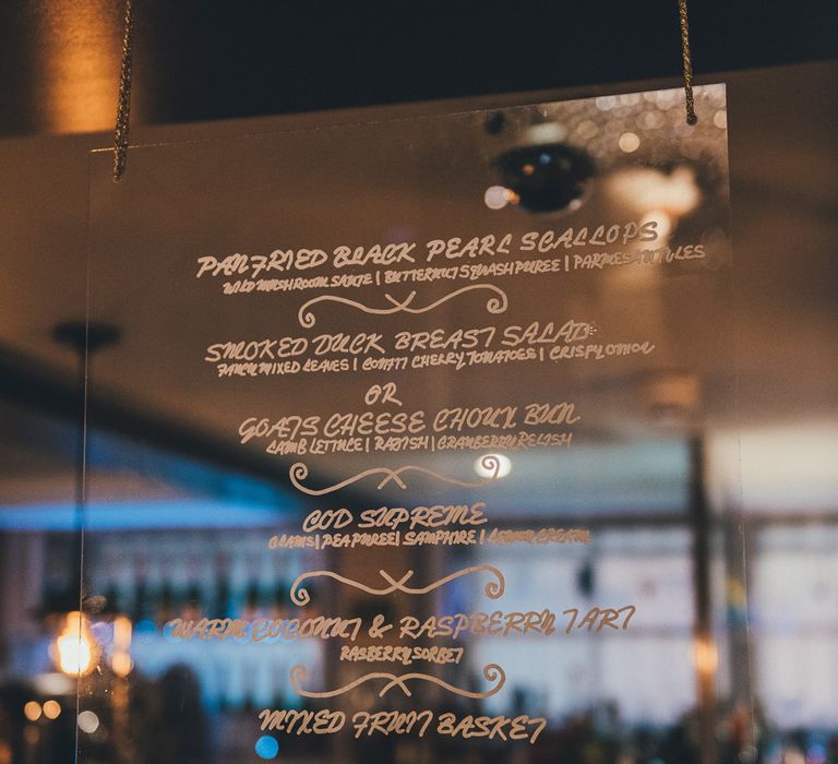 Hanging Acrylic Menu Sign | Glamorous Wedding at Great John Street Hotel Manchester | Nicola Thompson Photography