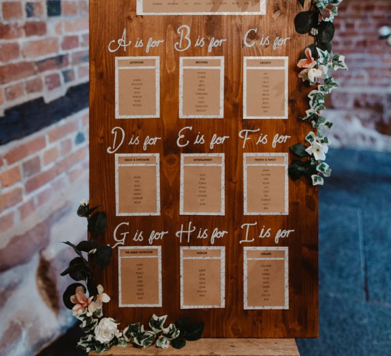 Wooden Table Plan on an Easel with Rose Wedding Decor