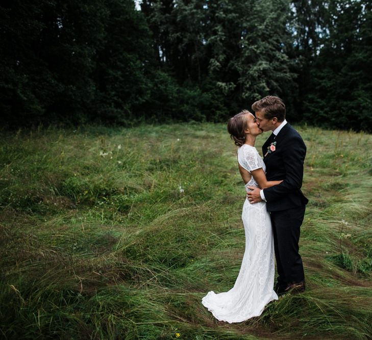 Bride in Lace Watters Wtoo Lenora Wedding Dress | Groom in Black Tie Suit | Woodland Wedding in Oslo, Norway | Through The Woods We Ran