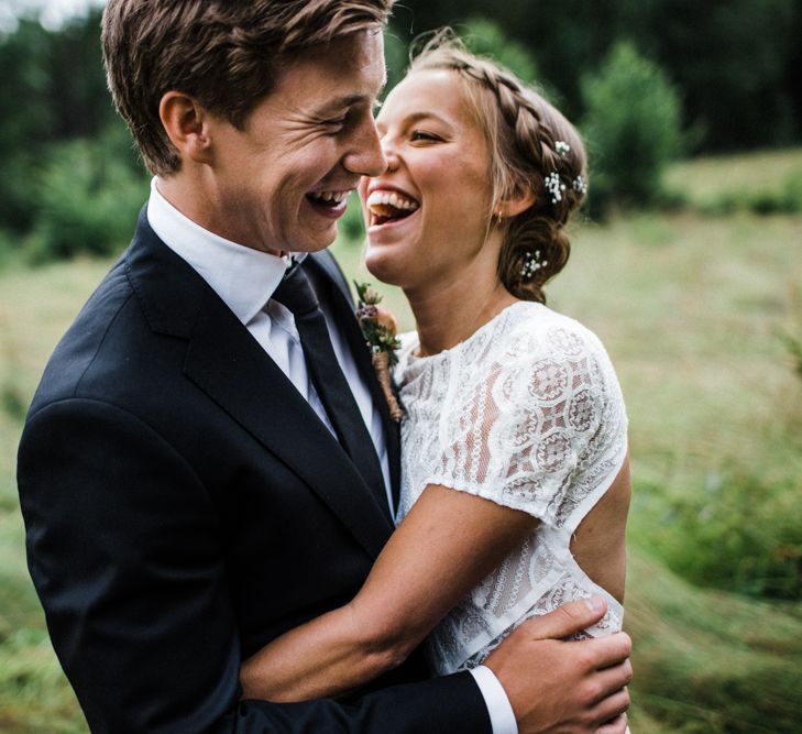 Bride in Lace Watters Wtoo Lenora Wedding Dress | Groom in Black Tie Suit | Woodland Wedding in Oslo, Norway | Through The Woods We Ran