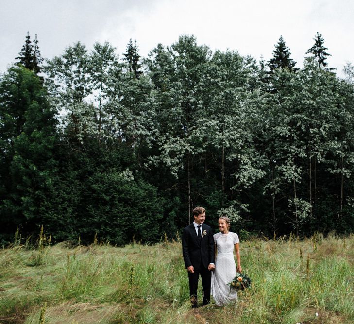 Bride in Lace Watters Wtoo Lenora Wedding Dress | Groom in Black Tie Suit | Woodland Wedding in Oslo, Norway | Through The Woods We Ran