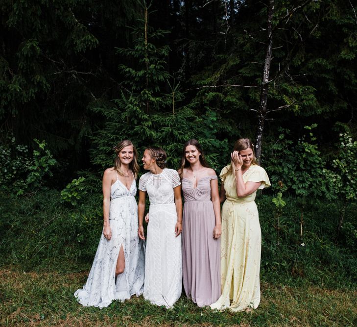 Bridesmaids in Different High Street Dresses | Bride in Lace Watters Wtoo Lenora Wedding Dress | Groom in Black Tie Suit | Woodland Wedding in Oslo, Norway | Through The Woods We Ran