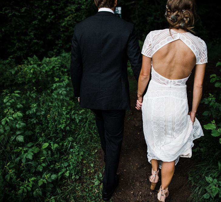 Bride in Lace Watters Wtoo Lenora Wedding Dress | Groom in Black Tie Suit | Woodland Wedding in Oslo, Norway | Through The Woods We Ran