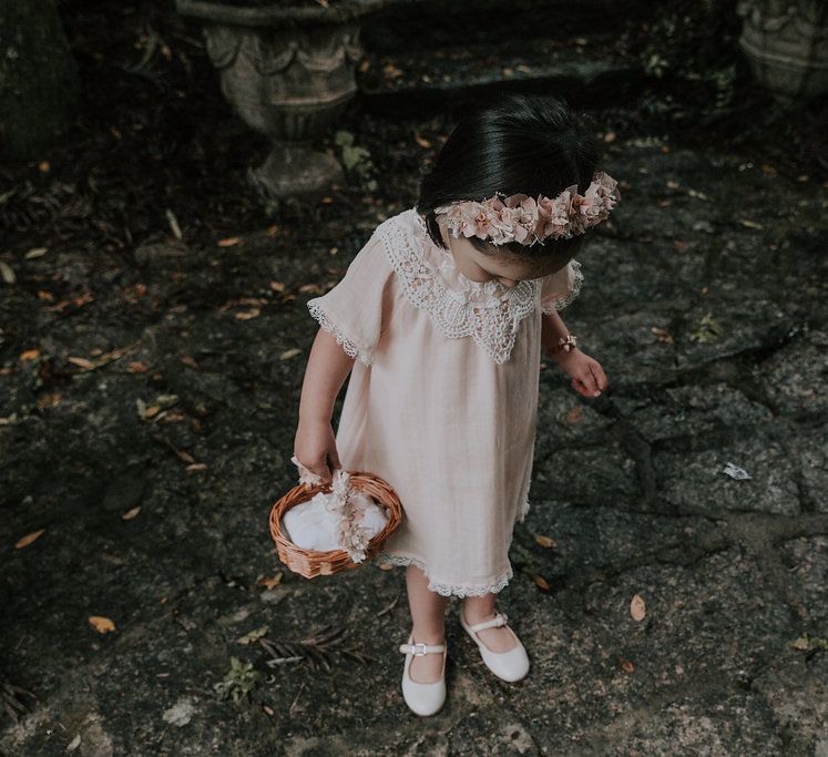 Flower Girl In White Dress // Bamboo Furniture For Destination Wedding In Spain With Planning From El Mono Con Sombrero With Images By AHR Photos Spanish Wedding Photography